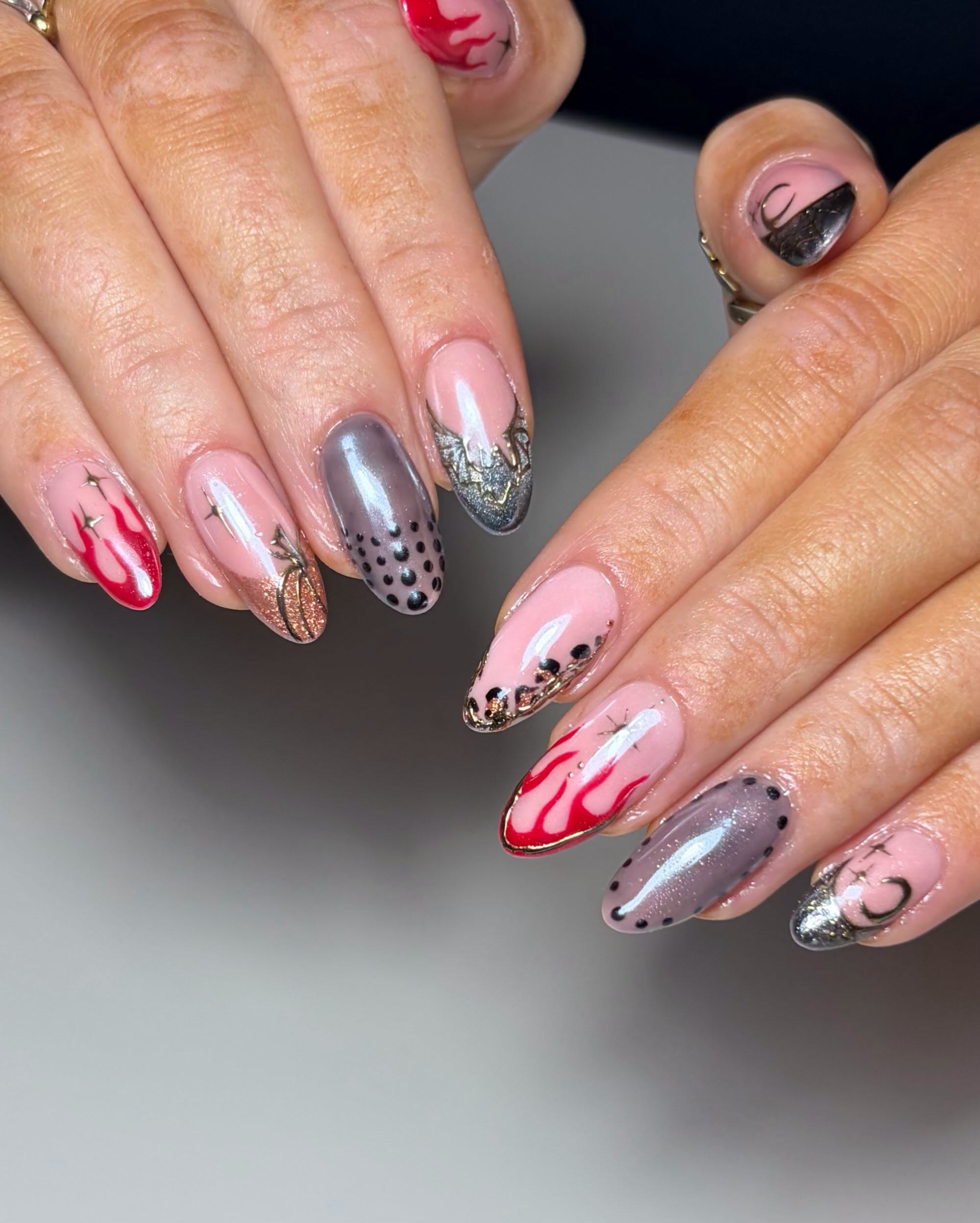Halloween mix and match set with flames, copper pumpkins, leopard print and chrome stars